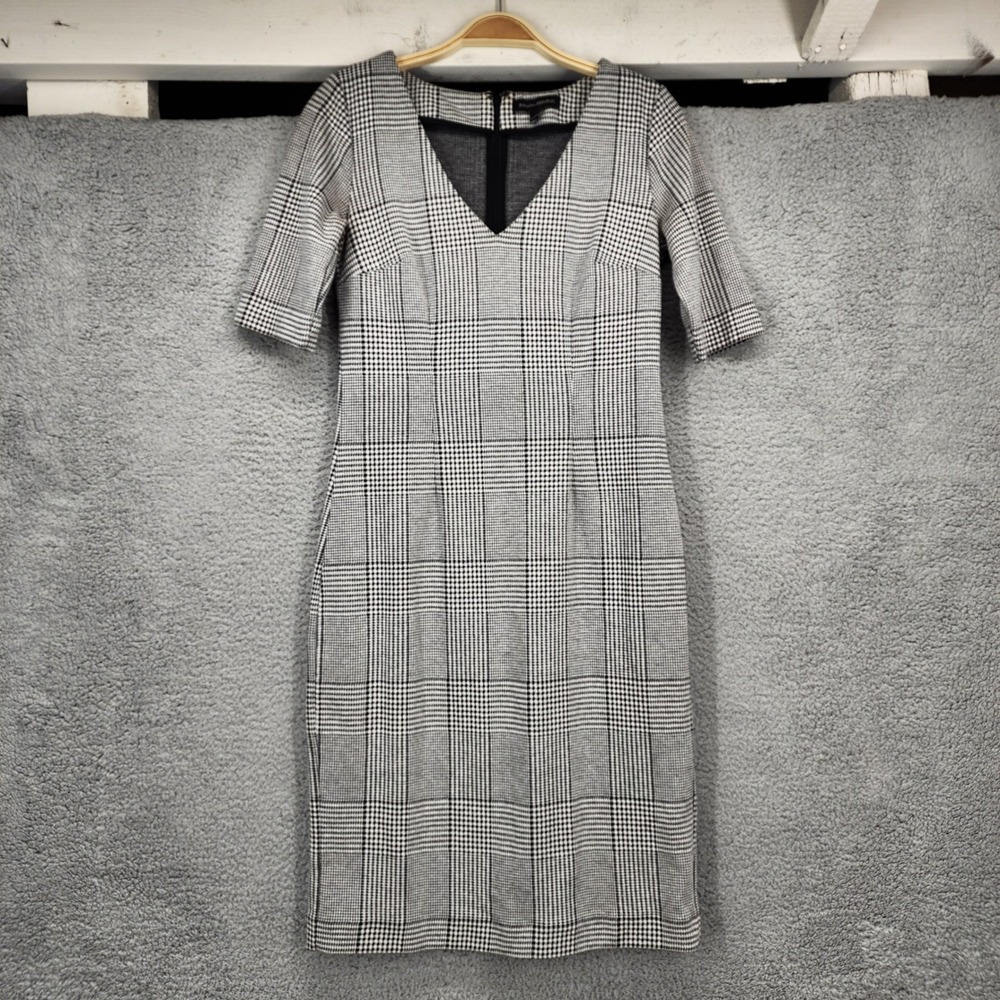 Banana Republic Womens Black White Plaid V-Neck Sheath Dress Size 4 Short Sleeve